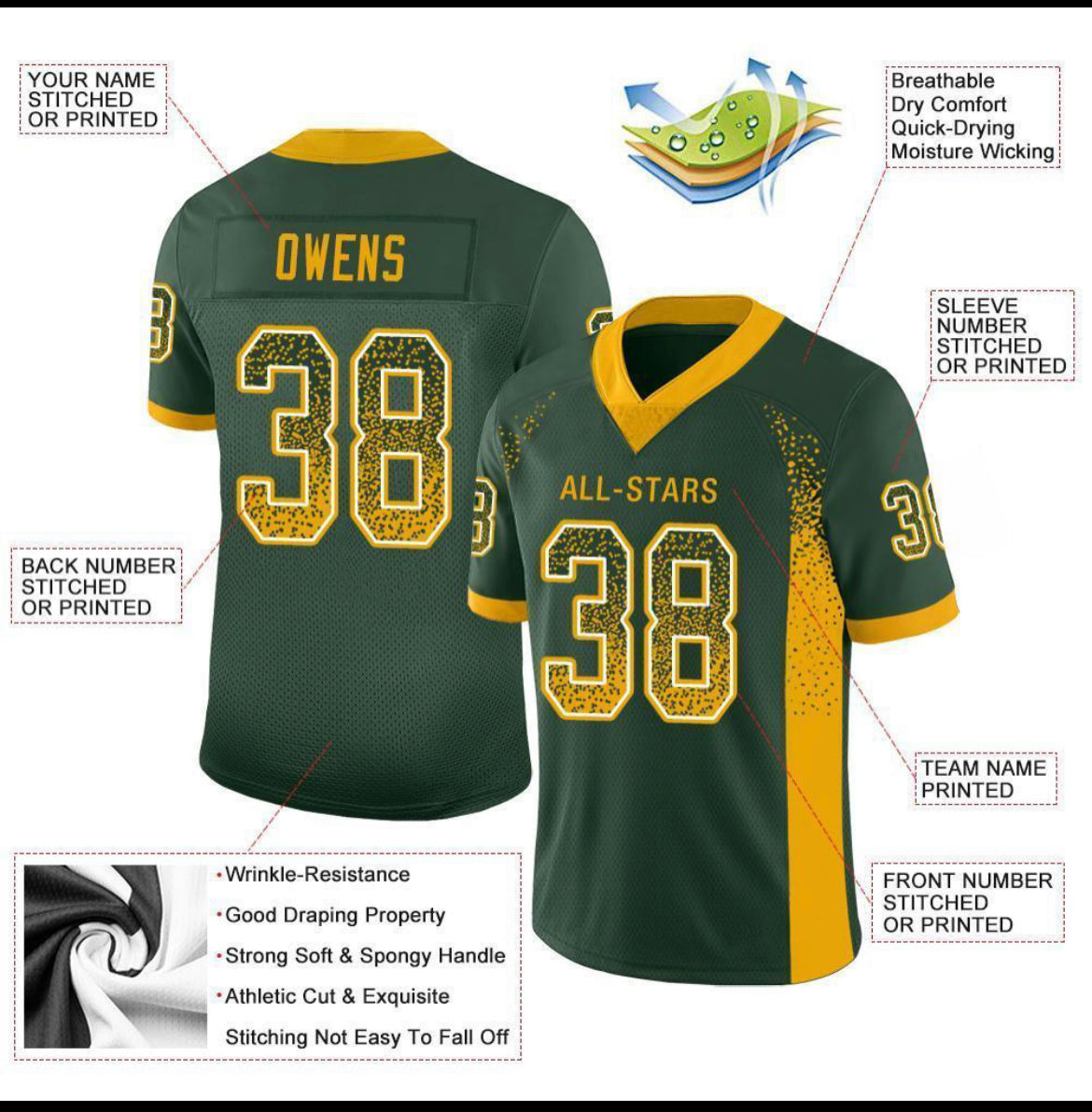 SUBLIMATED Customized Football Jersey-Green, Gold & White