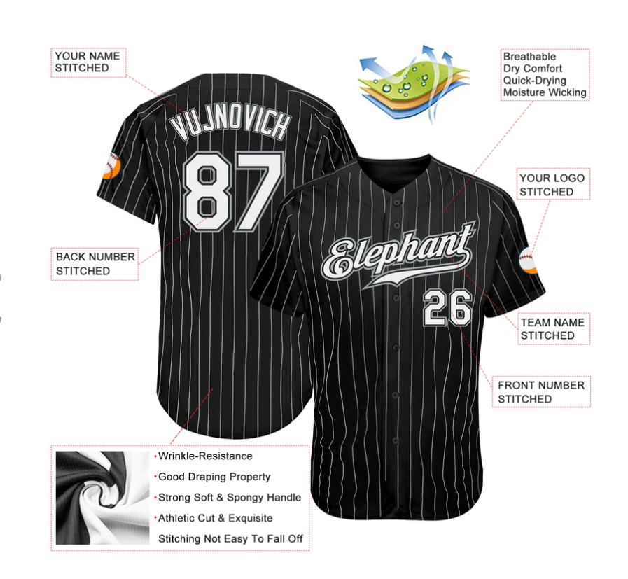 EMBROIDERED Customized Baseball Jersey-Black & White Pinstripe