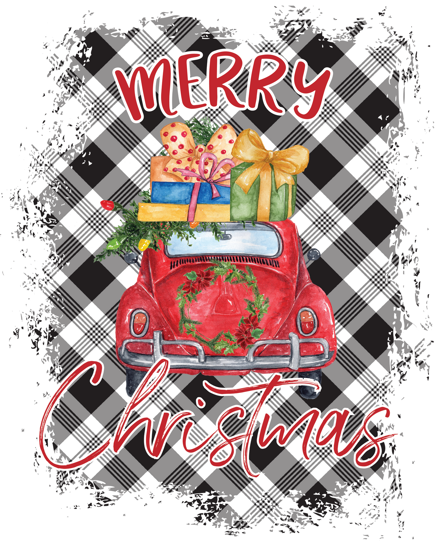 Red Car Merry Christmas-Plaid