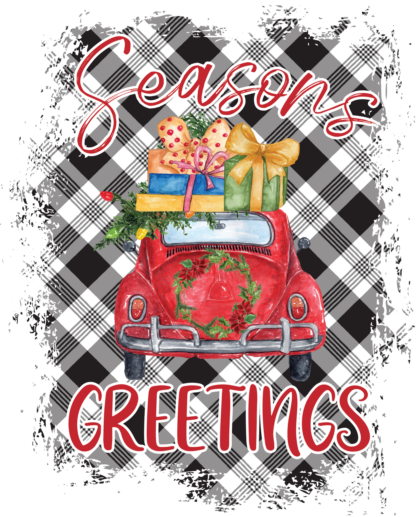 Red Car Tis the Season Greetings-Plaid